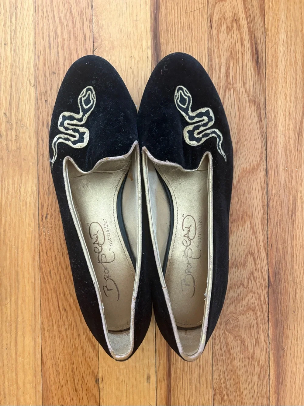 Naturalizer Black Velvet Flats with Gold Snake Embroidery